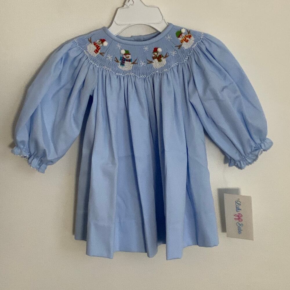 Lulu Bebe‎ Snowman Smocked Bishop Dress NWT size 9mo